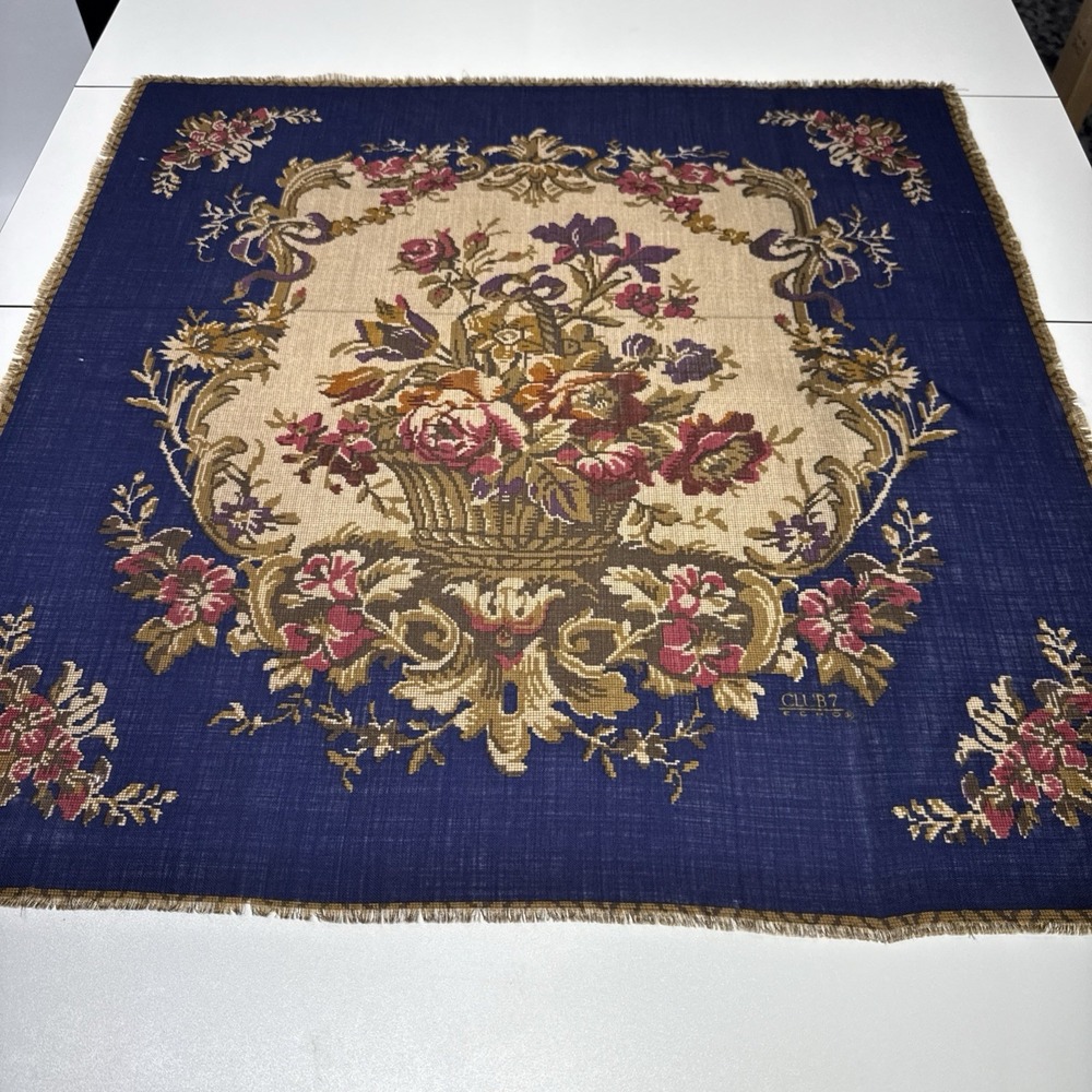 VTG Echo Club7 Women Floral Tapestry 100% Wool Square Scarf 29" Japan Royal Blue